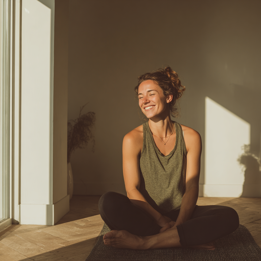Woman sitting in sunlight during a calm daily wellness ritual